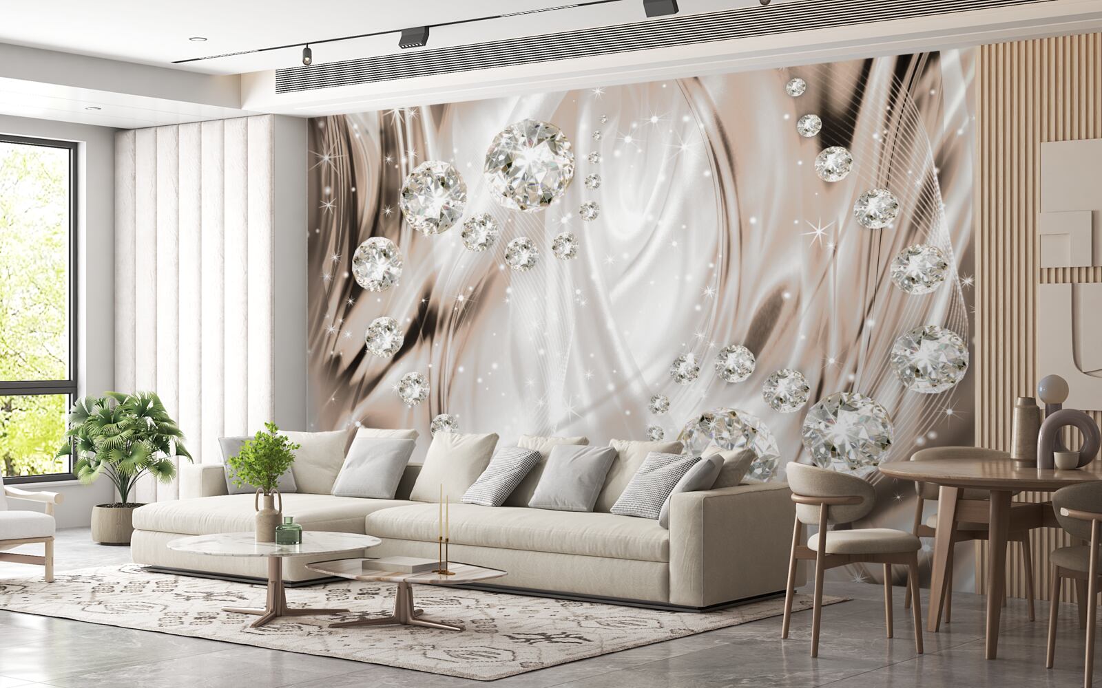 Papier peint soie brune décorée de pierres précieuses