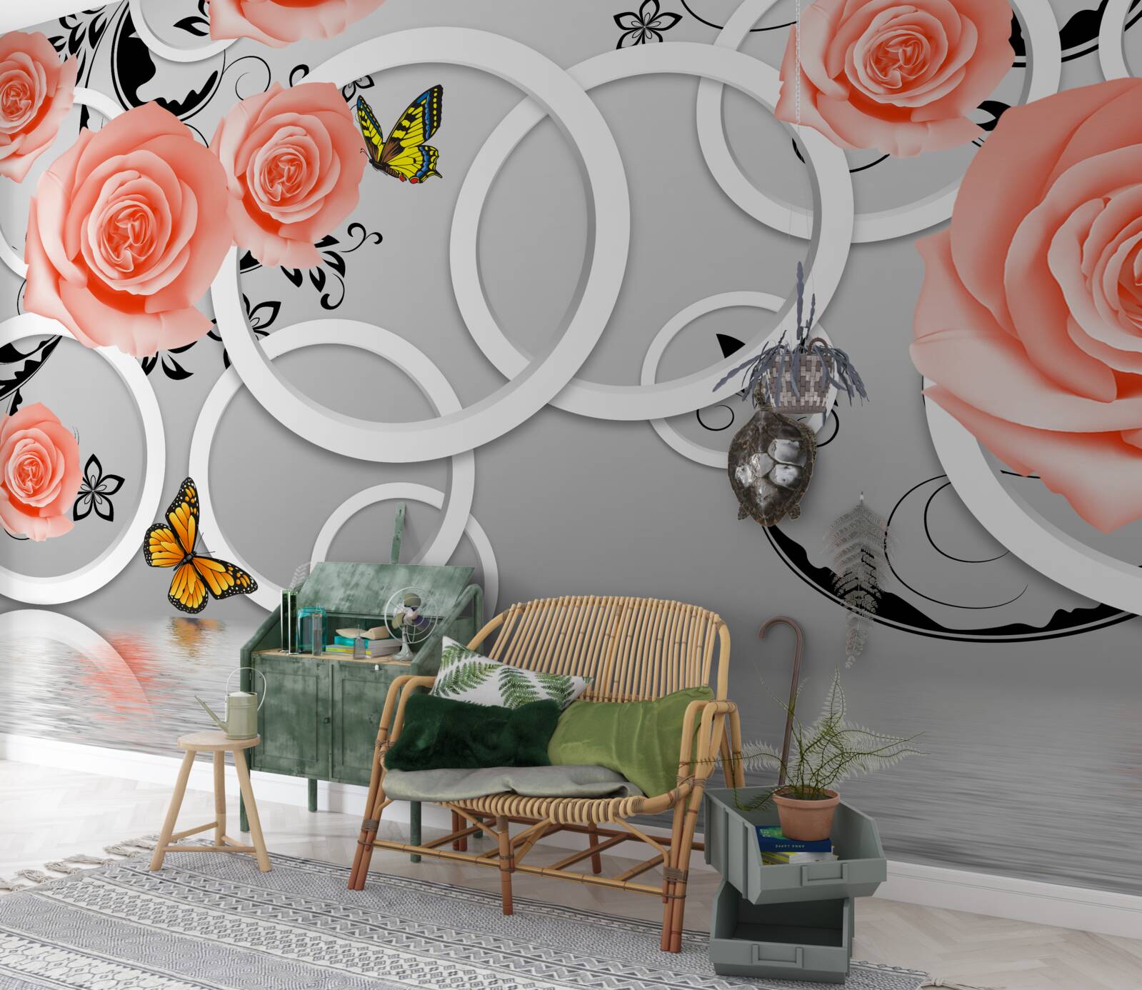 Papier peint délicats bourgeons de roses pêche