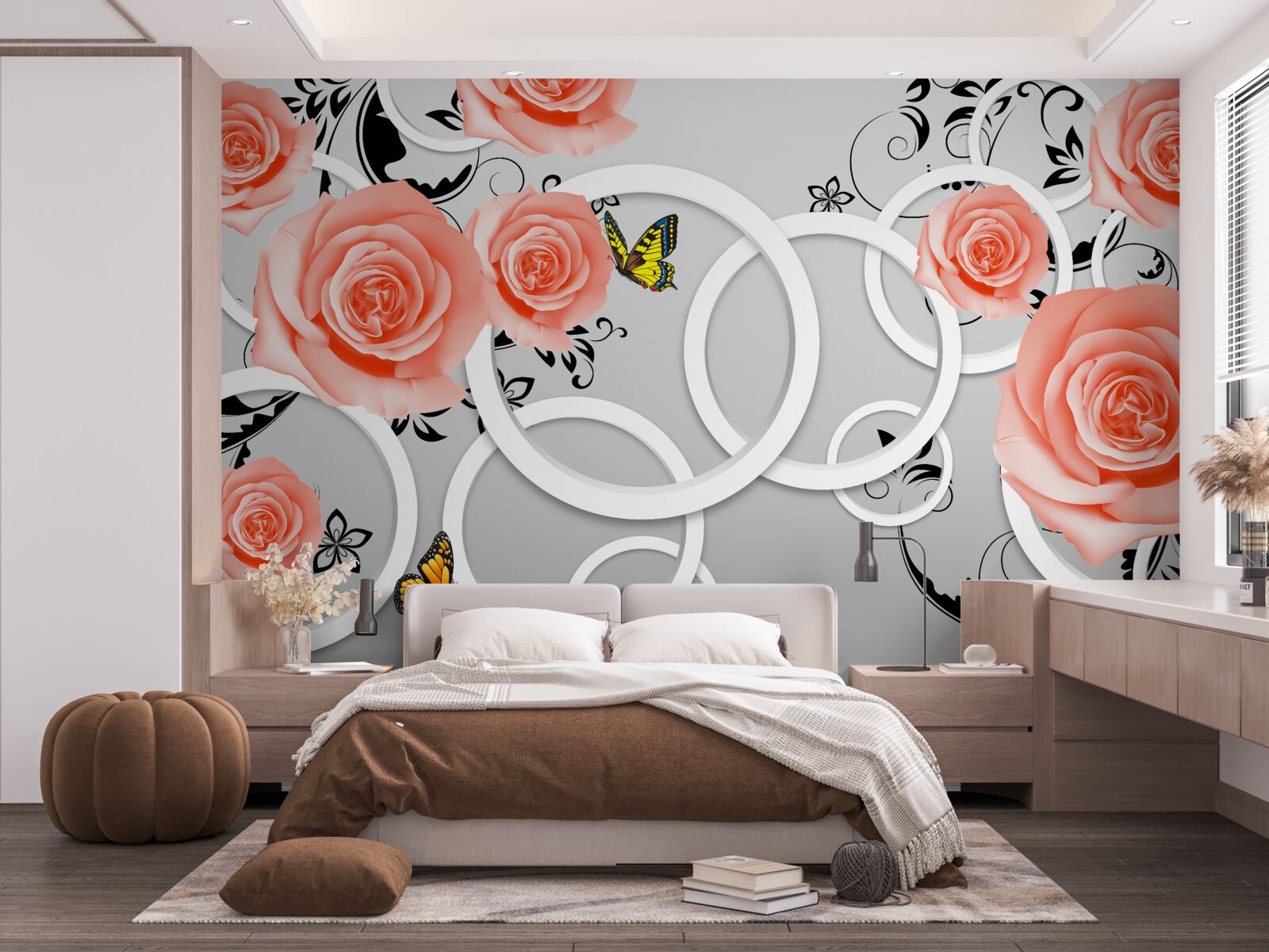 Papier peint délicats bourgeons de roses pêche