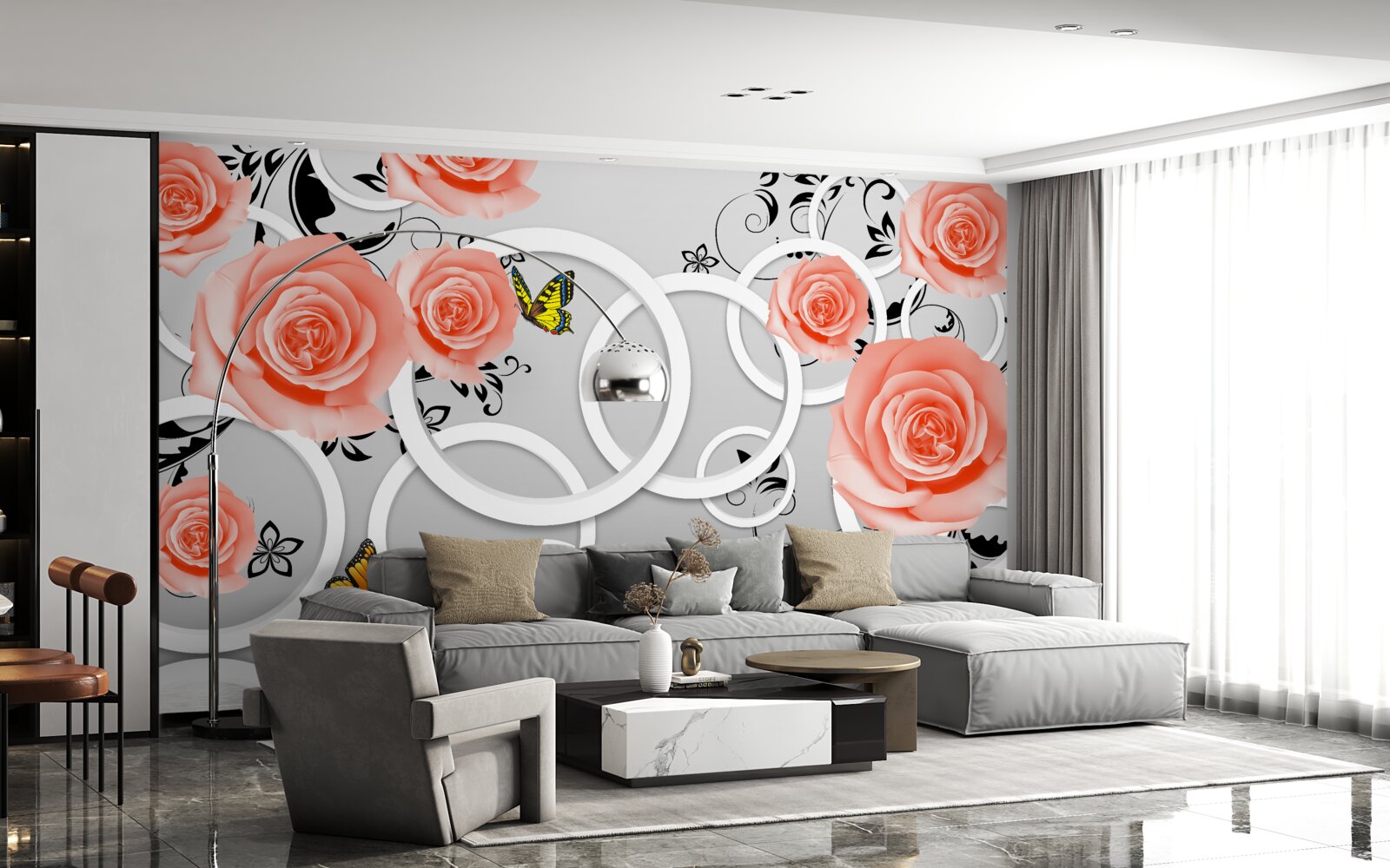 Papier peint délicats bourgeons de roses pêche