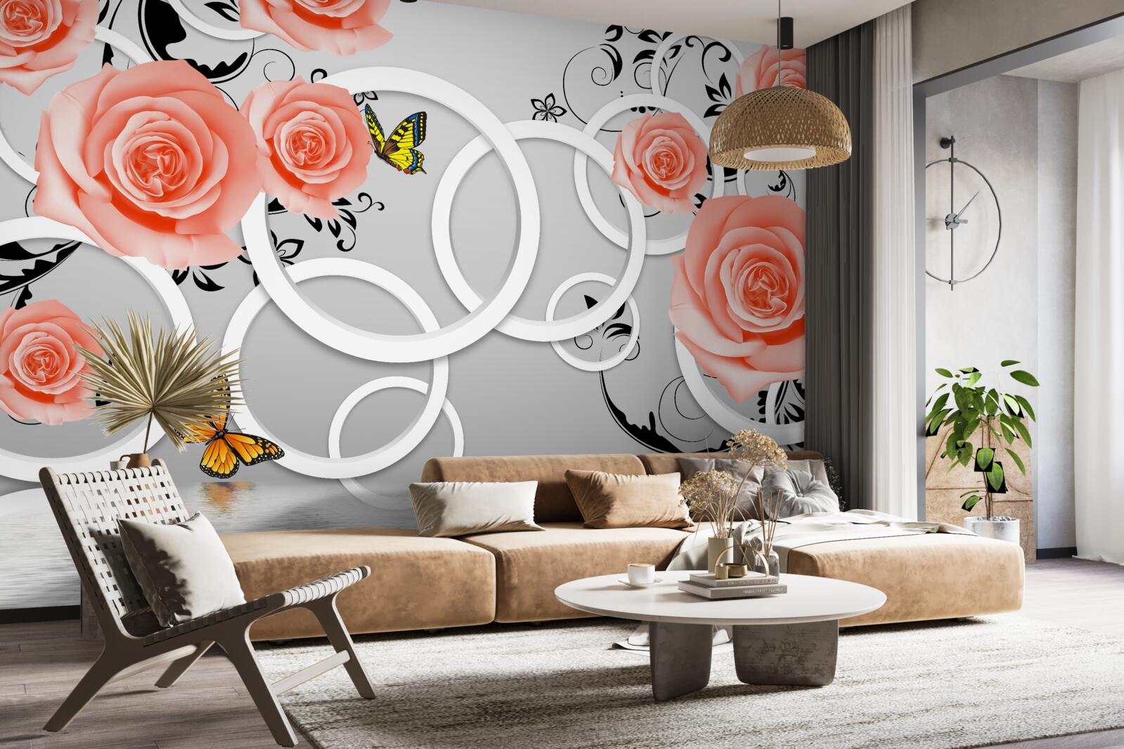 Papier peint délicats bourgeons de roses pêche