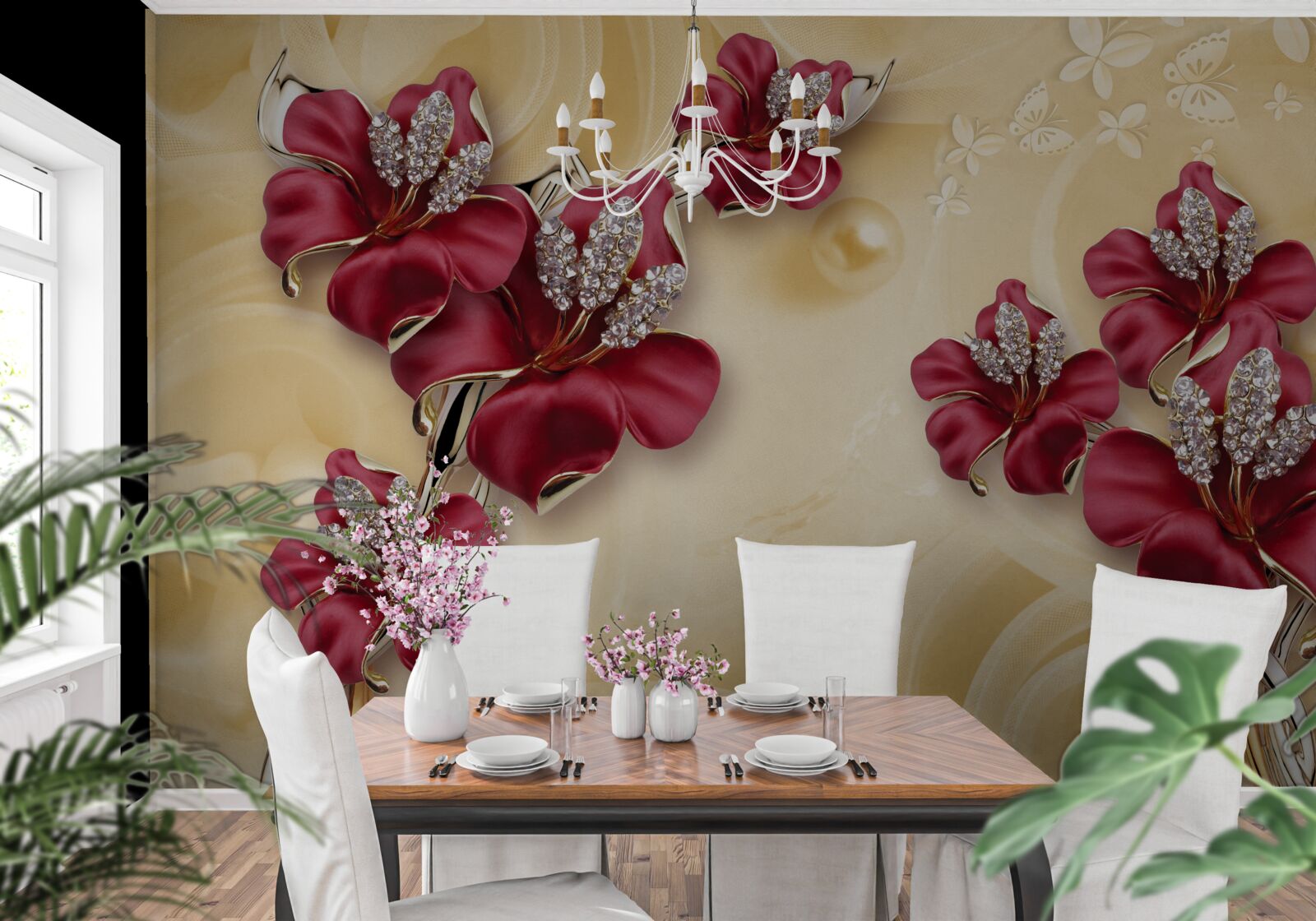 Papier peint Lys rouge, décoré de cristaux et d'or