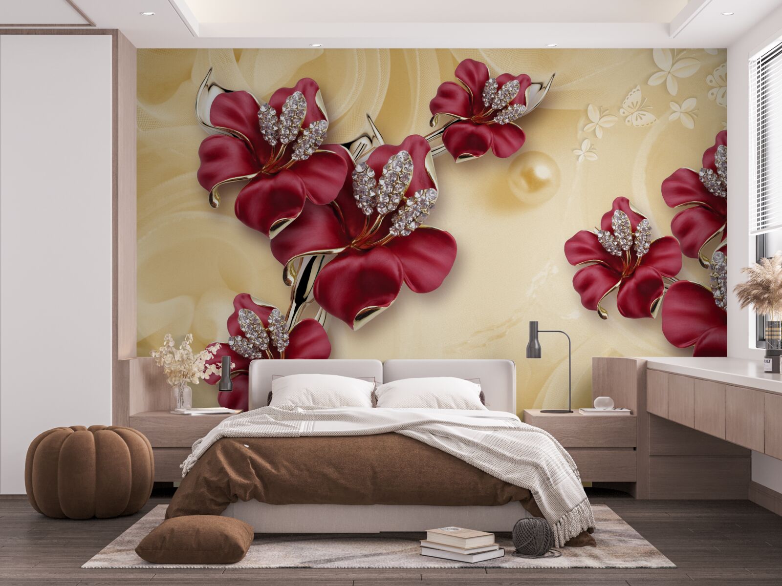 Papier peint Lys rouge, décoré de cristaux et d'or