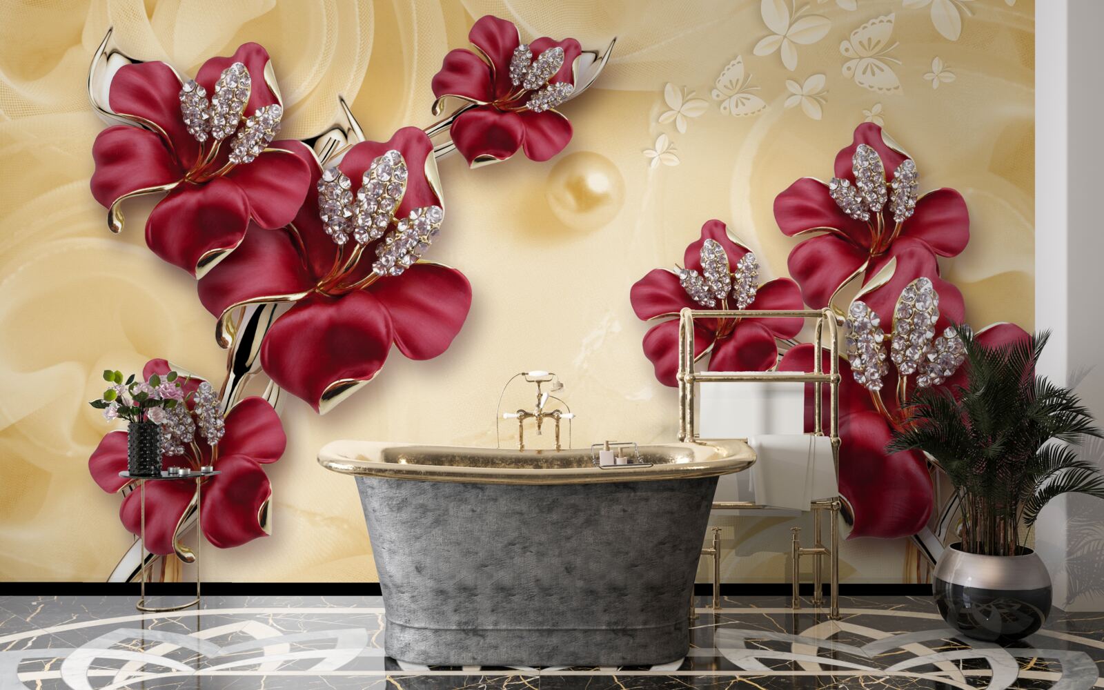 Papier peint Lys rouge, décoré de cristaux et d'or