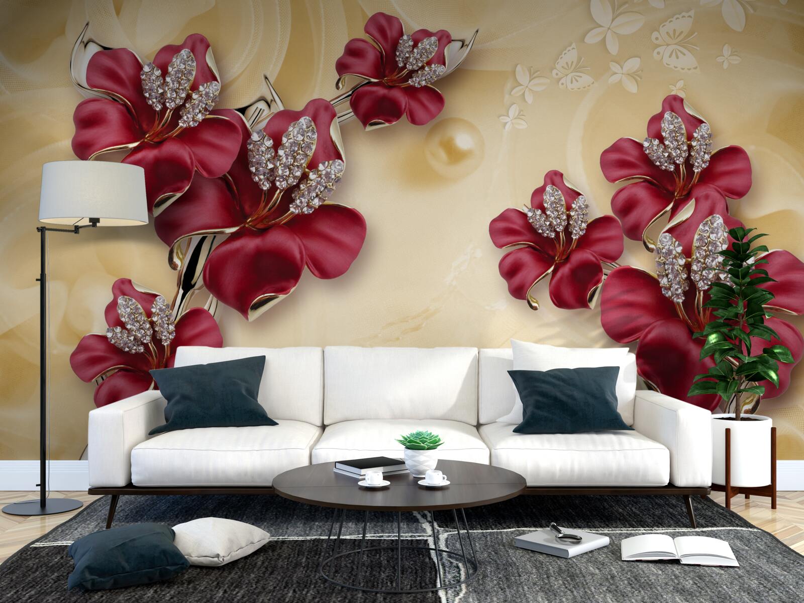 Papier peint Lys rouge, décoré de cristaux et d'or