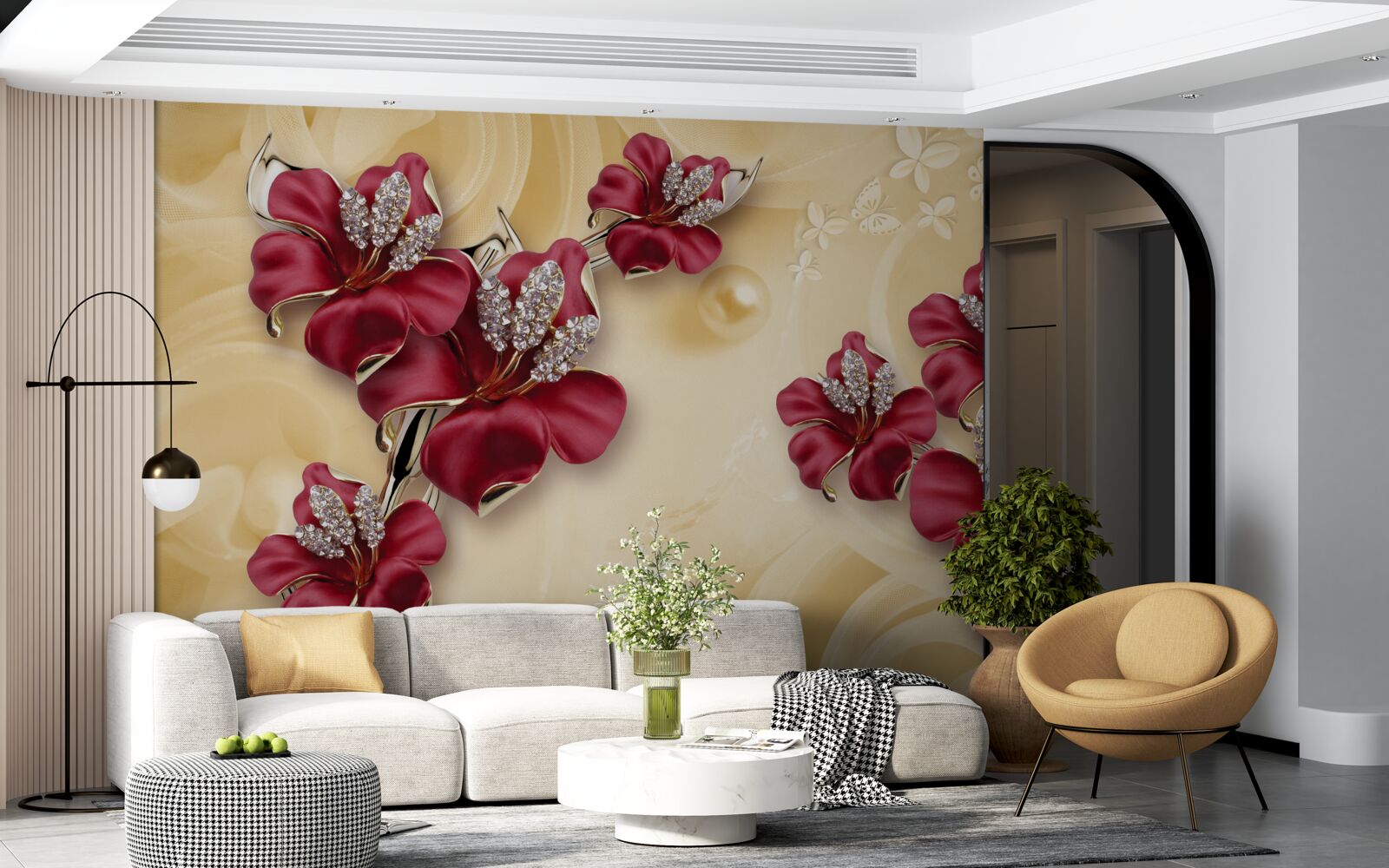 Papier peint Lys rouge, décoré de cristaux et d'or