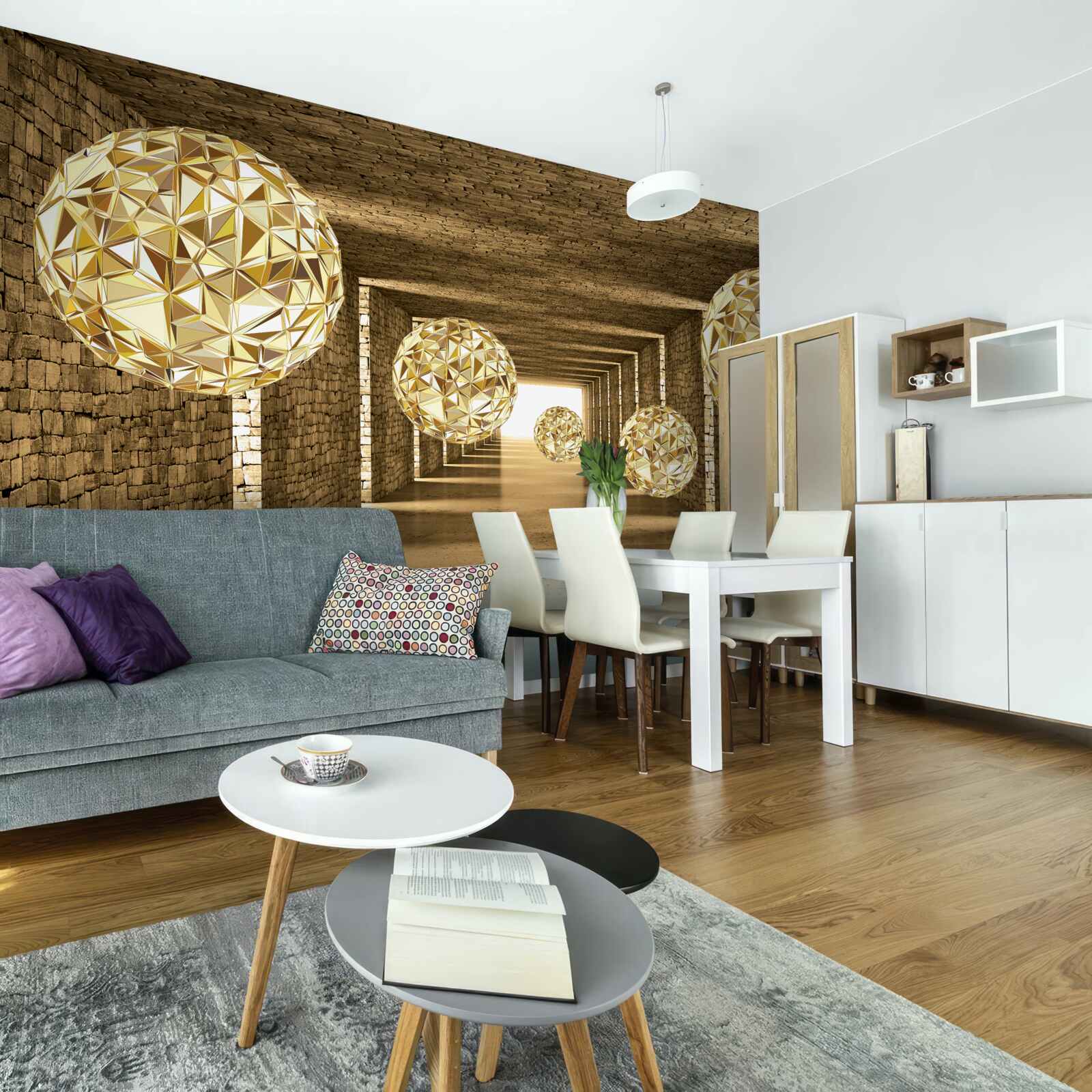 Papier peint image abstraite de boules et de tunnel dans des tons dorés