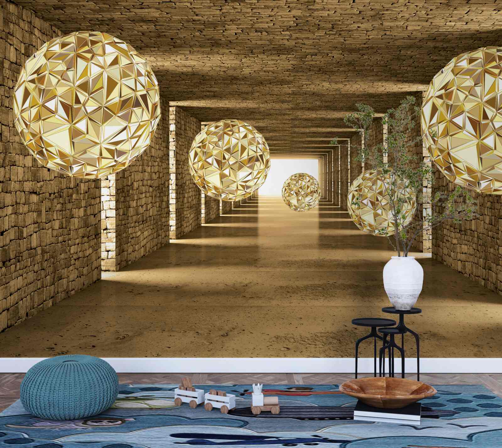 Papier peint image abstraite de boules et de tunnel dans des tons dorés