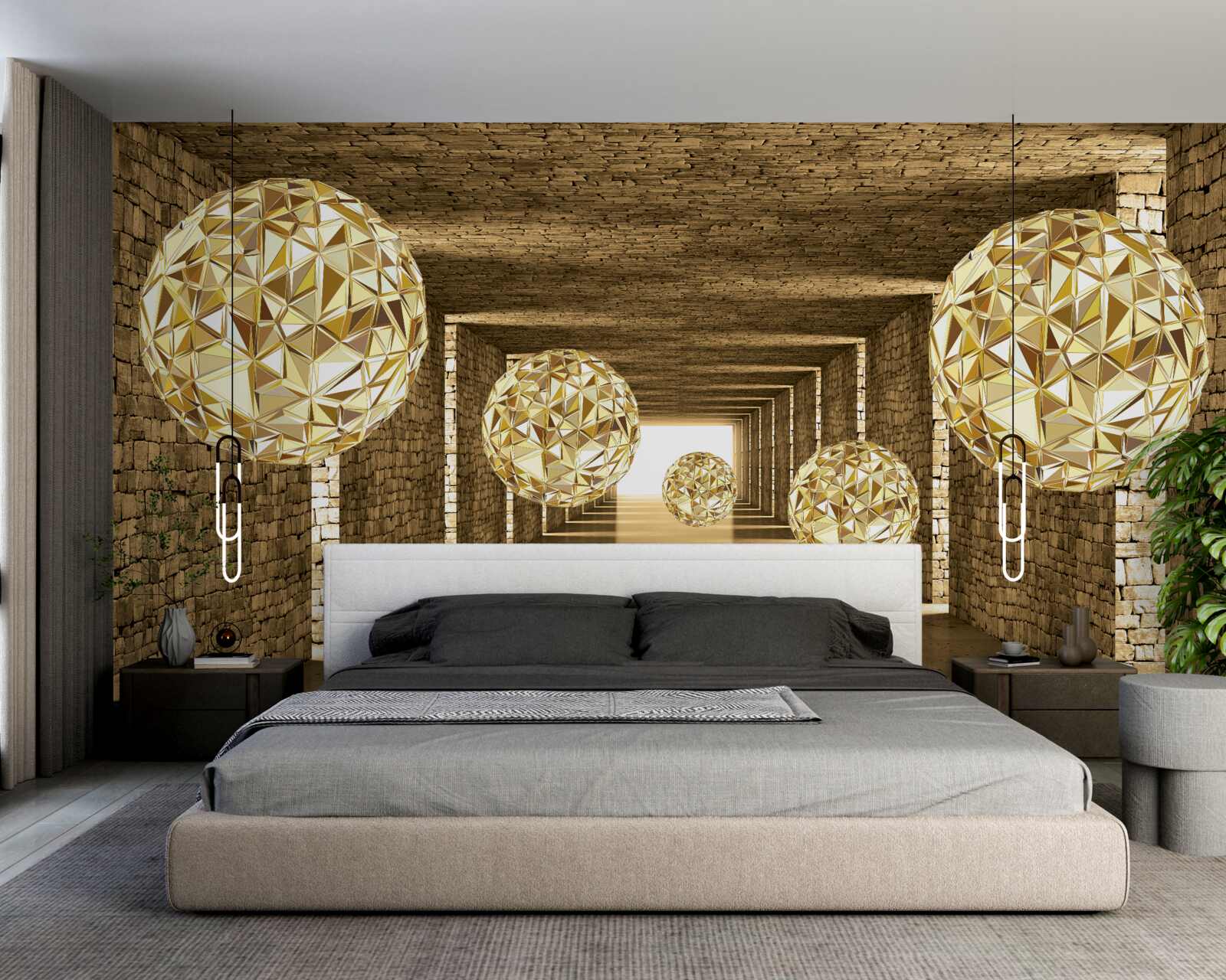 Papier peint image abstraite de boules et de tunnel dans des tons dorés