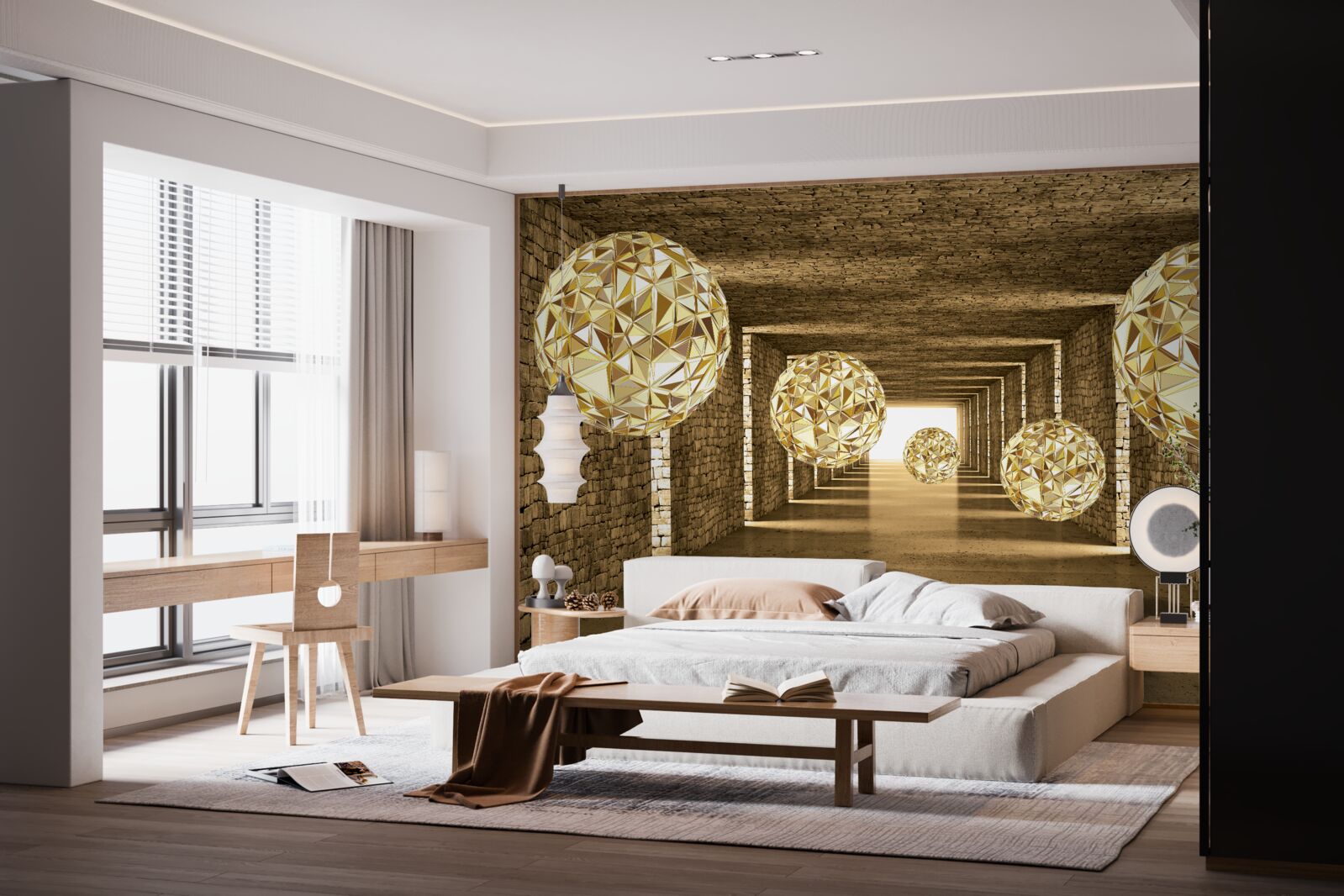 Papier peint image abstraite de boules et de tunnel dans des tons dorés