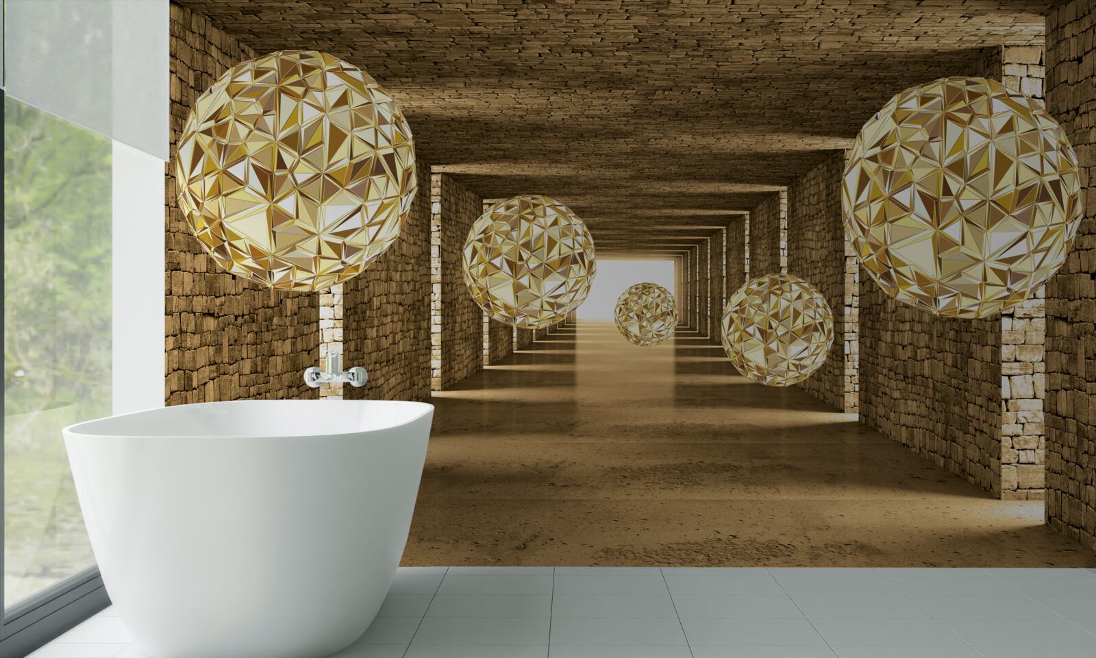 Papier peint image abstraite de boules et de tunnel dans des tons dorés
