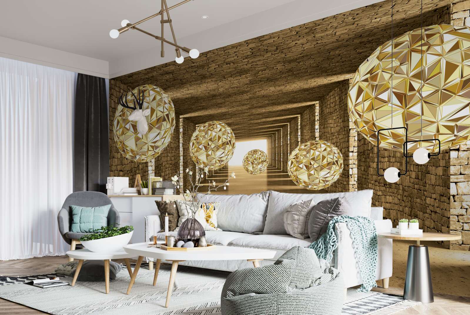 Papier peint image abstraite de boules et de tunnel dans des tons dorés