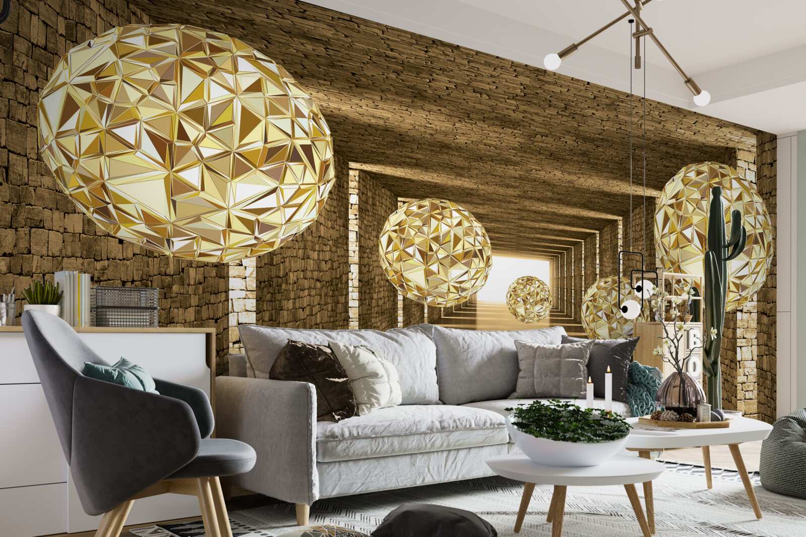 Papier peint image abstraite de boules et de tunnel dans des tons dorés