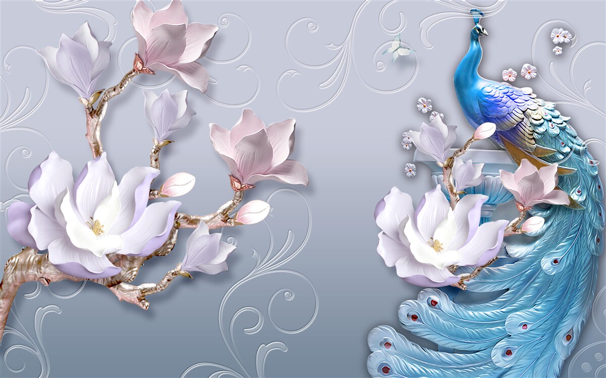 Papier peint un magnifique paon assis sur un arbre en fleurs