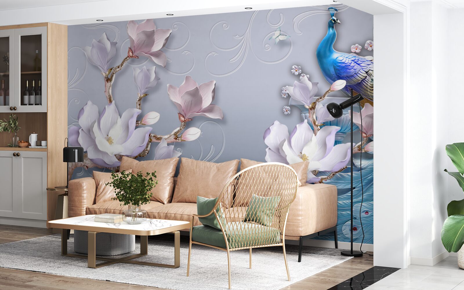 Papier peint un magnifique paon assis sur un arbre en fleurs