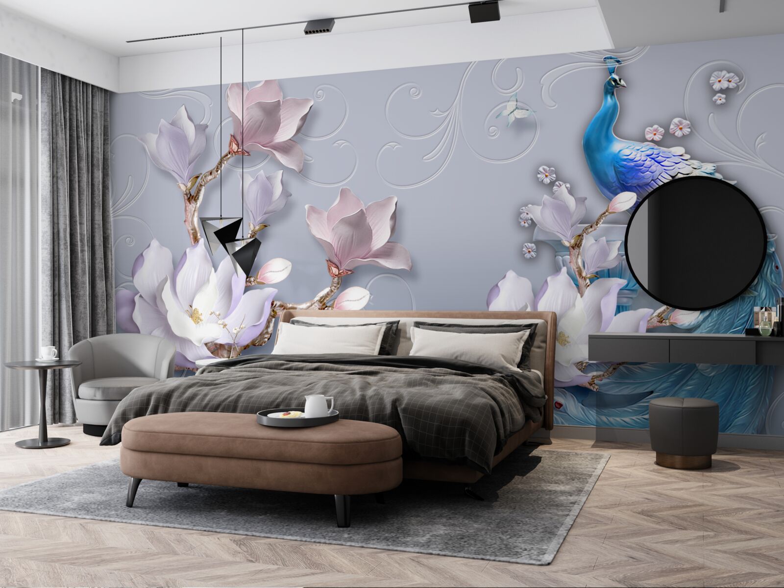 Papier peint un magnifique paon assis sur un arbre en fleurs