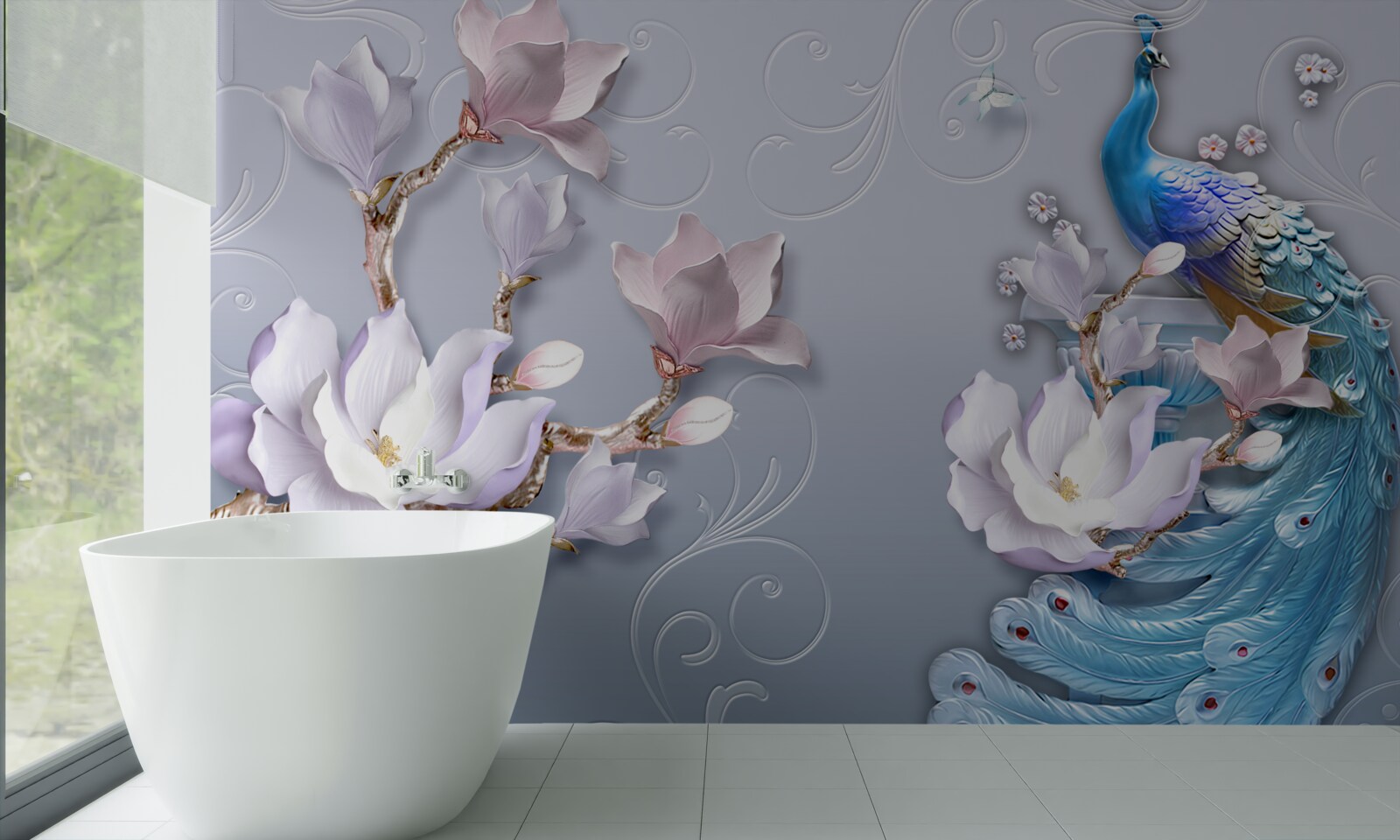 Papier peint un magnifique paon assis sur un arbre en fleurs