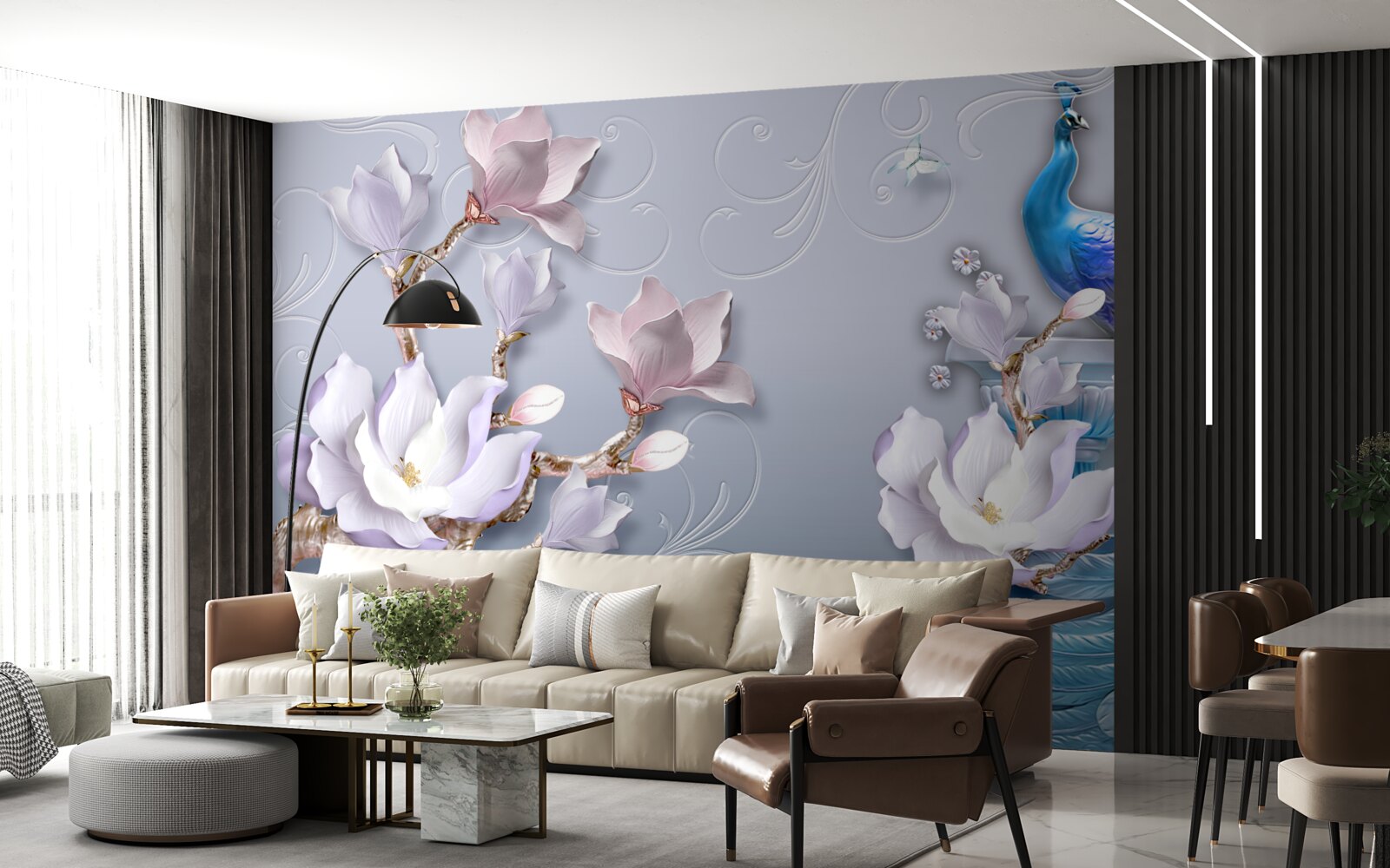 Papier peint un magnifique paon assis sur un arbre en fleurs