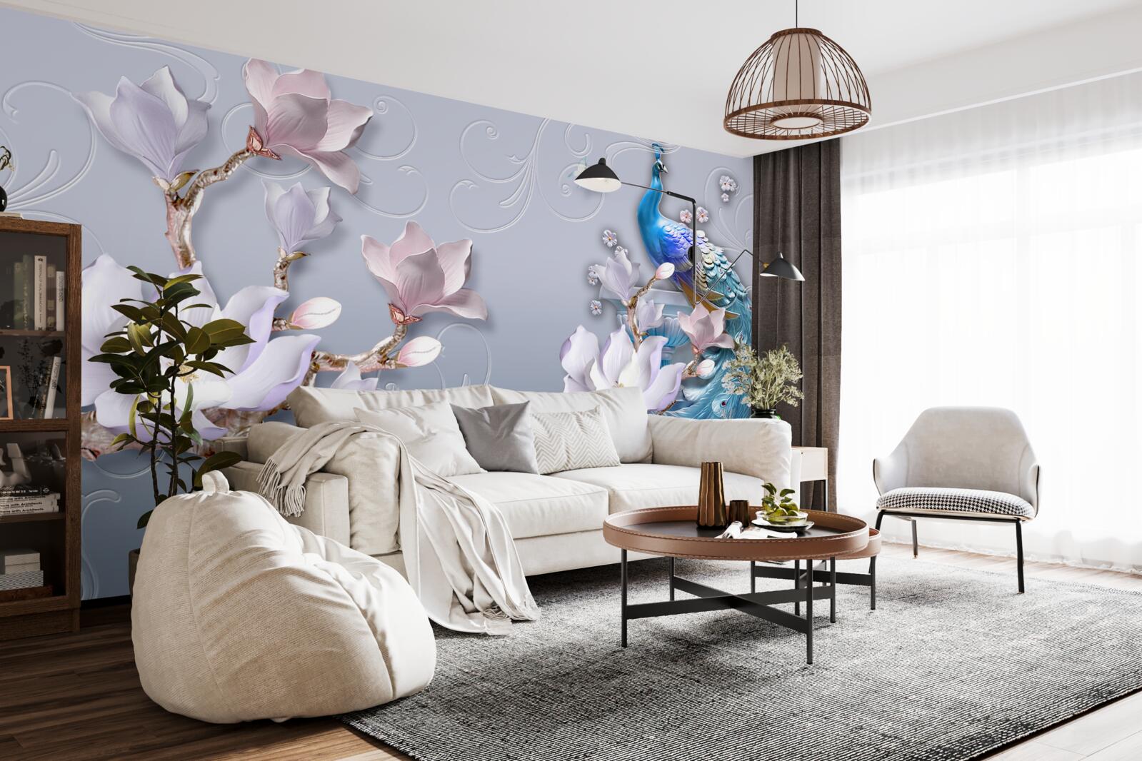 Papier peint un magnifique paon assis sur un arbre en fleurs