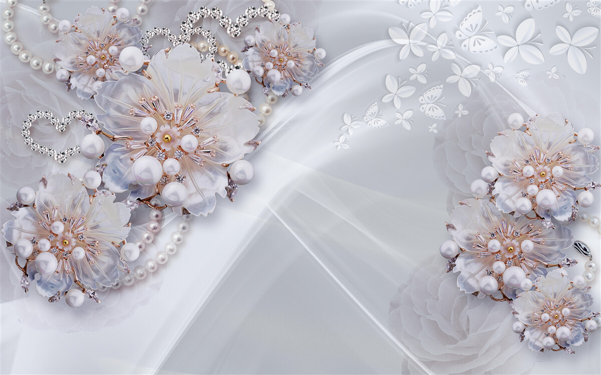 Papier peint sur la soie, de délicates fleurs décorées de perles