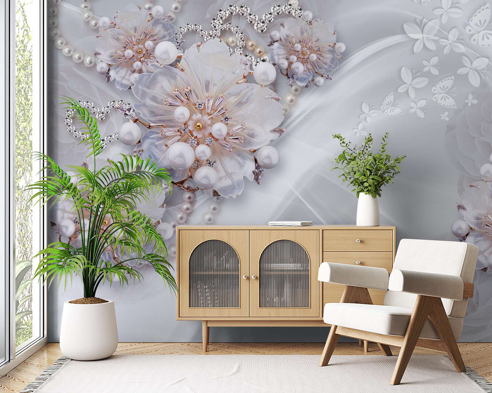 Papier peint sur la soie, de délicates fleurs décorées de perles