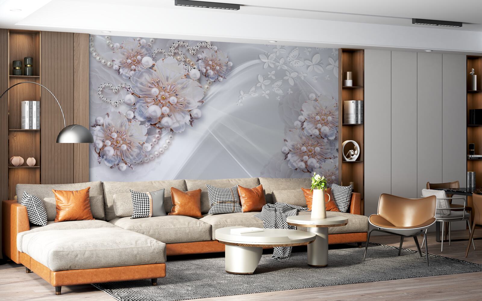 Papier peint sur la soie, de délicates fleurs décorées de perles