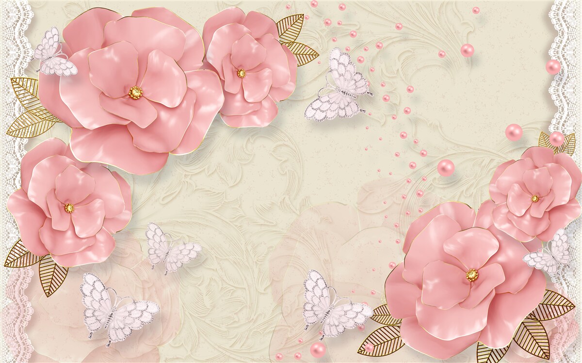 Papier peint des bourgeons roses impressionnants et des papillons de nuit d'un blanc pur