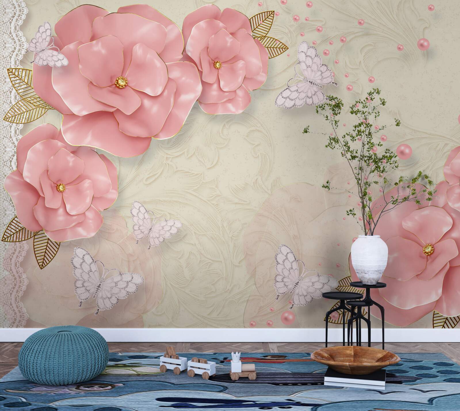 Papier peint des bourgeons roses impressionnants et des papillons de nuit d'un blanc pur