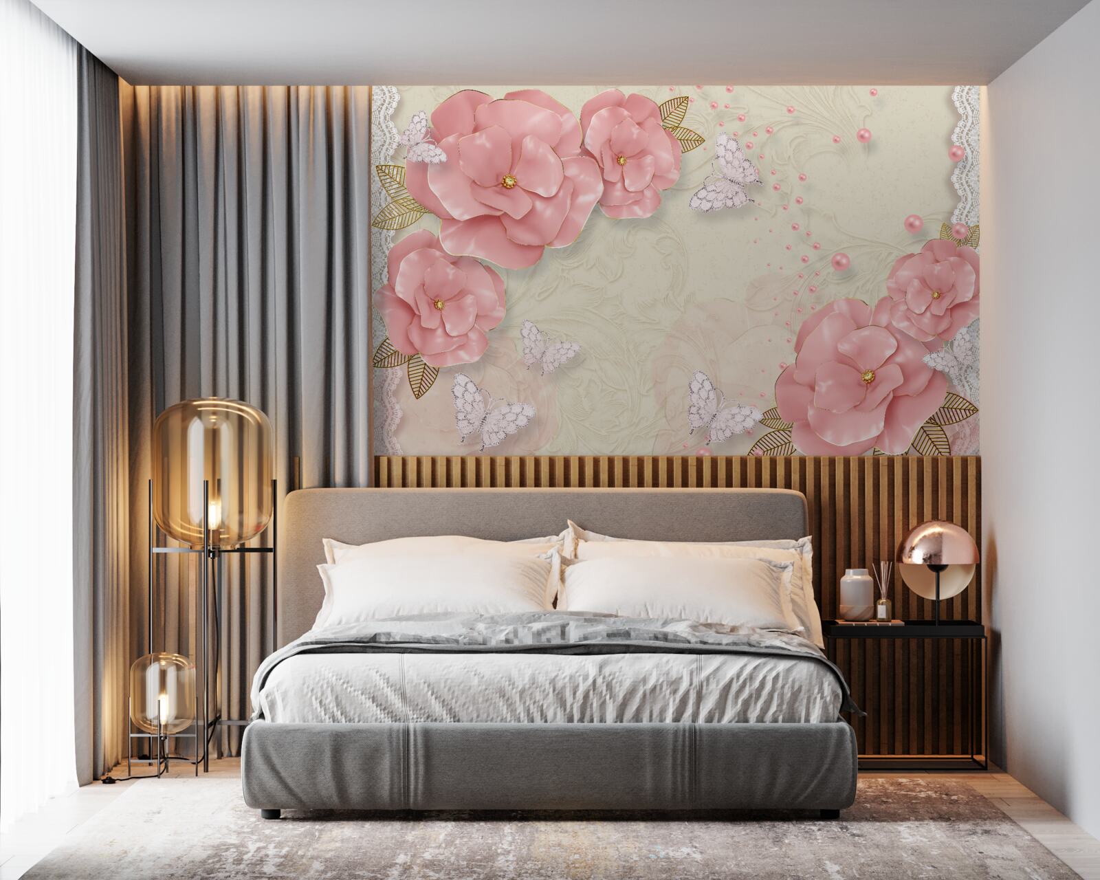 Papier peint des bourgeons roses impressionnants et des papillons de nuit d'un blanc pur