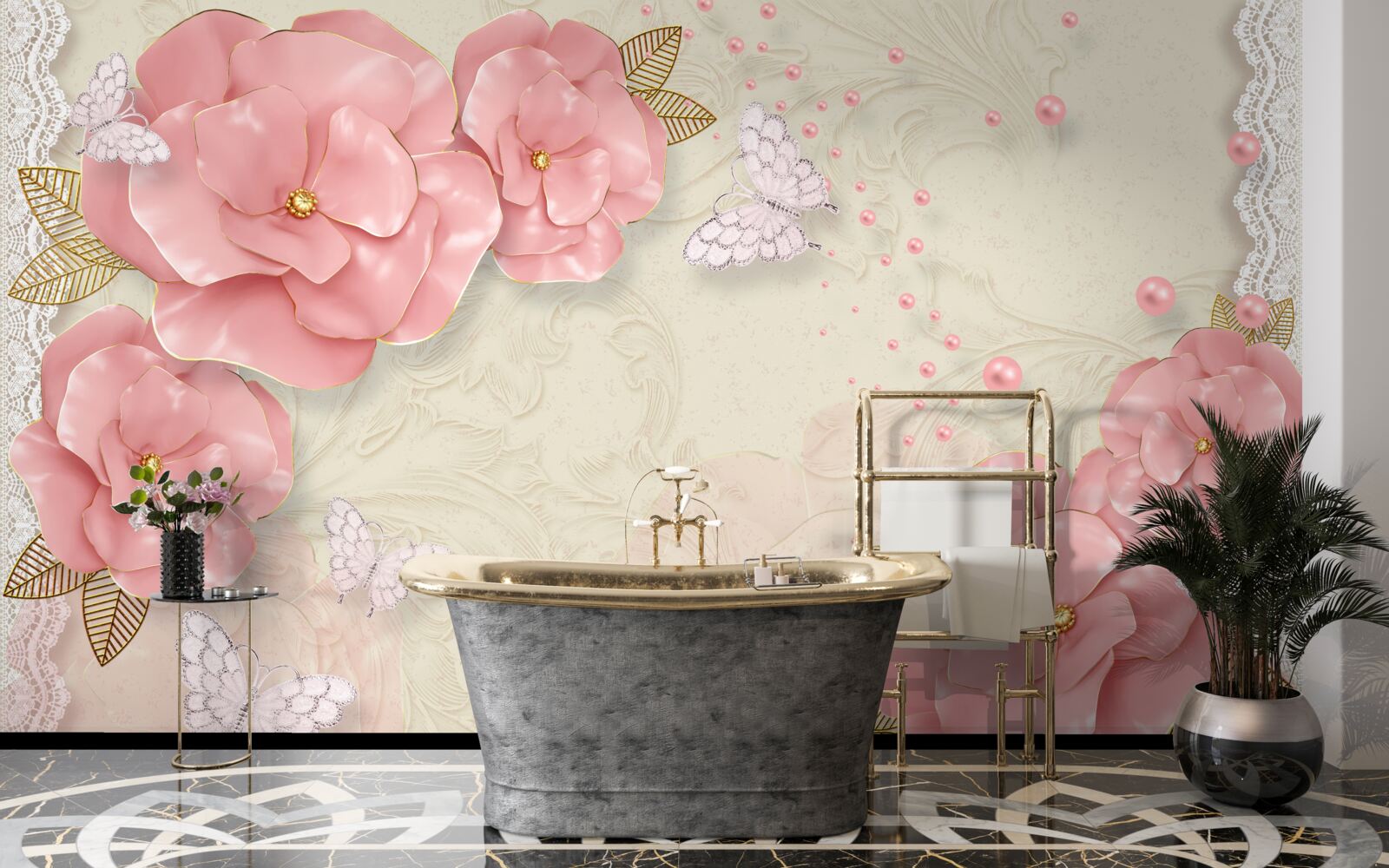 Papier peint des bourgeons roses impressionnants et des papillons de nuit d'un blanc pur