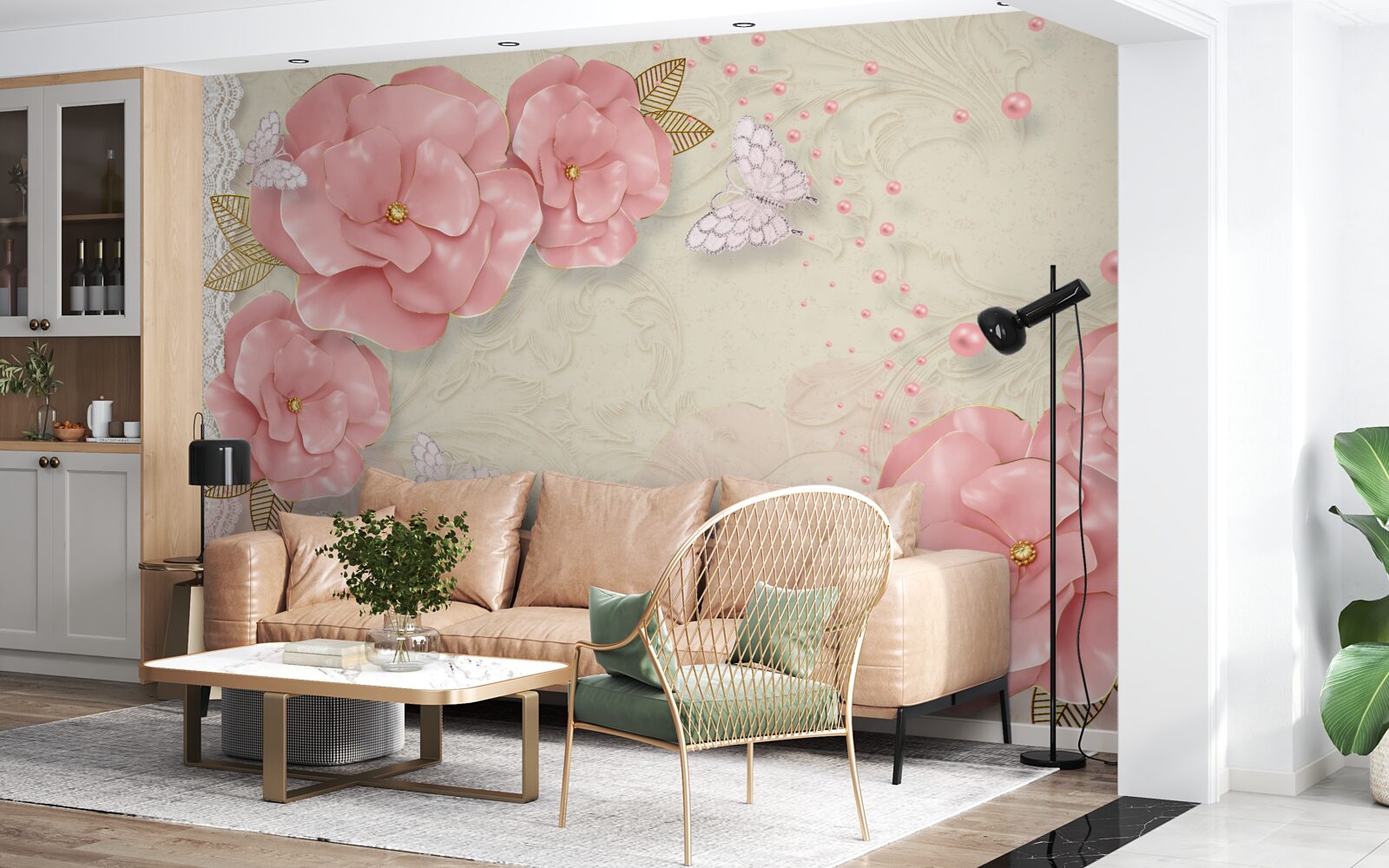 Papier peint des bourgeons roses impressionnants et des papillons de nuit d'un blanc pur