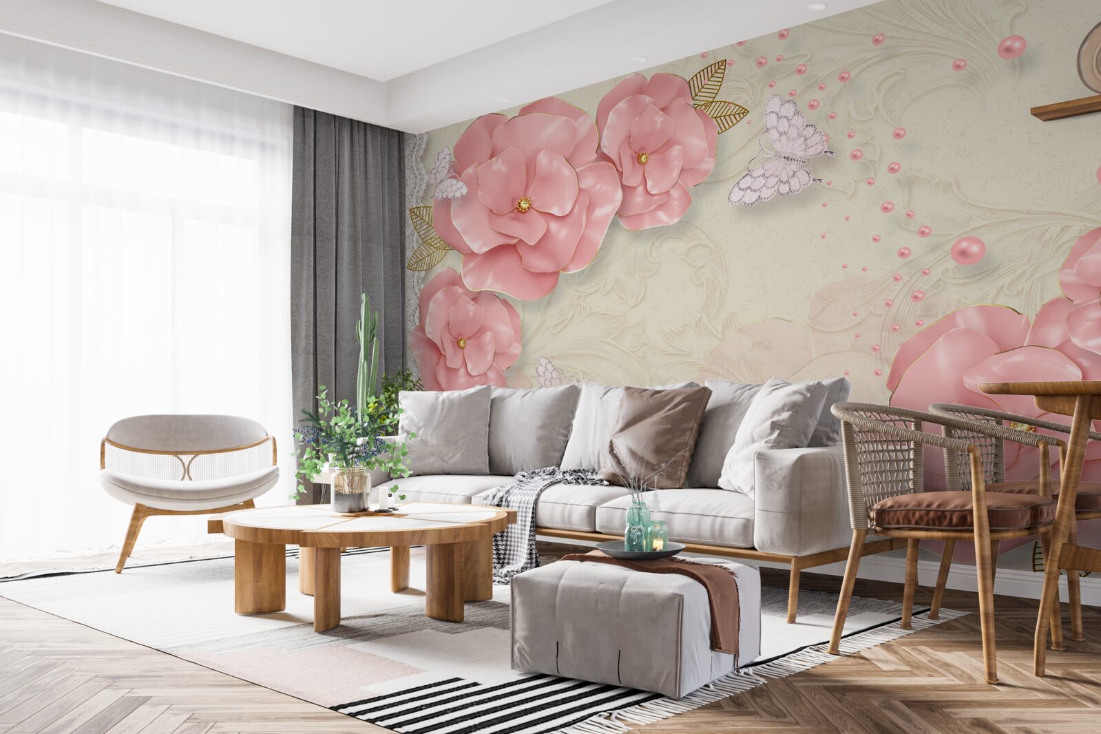 Papier peint des bourgeons roses impressionnants et des papillons de nuit d'un blanc pur