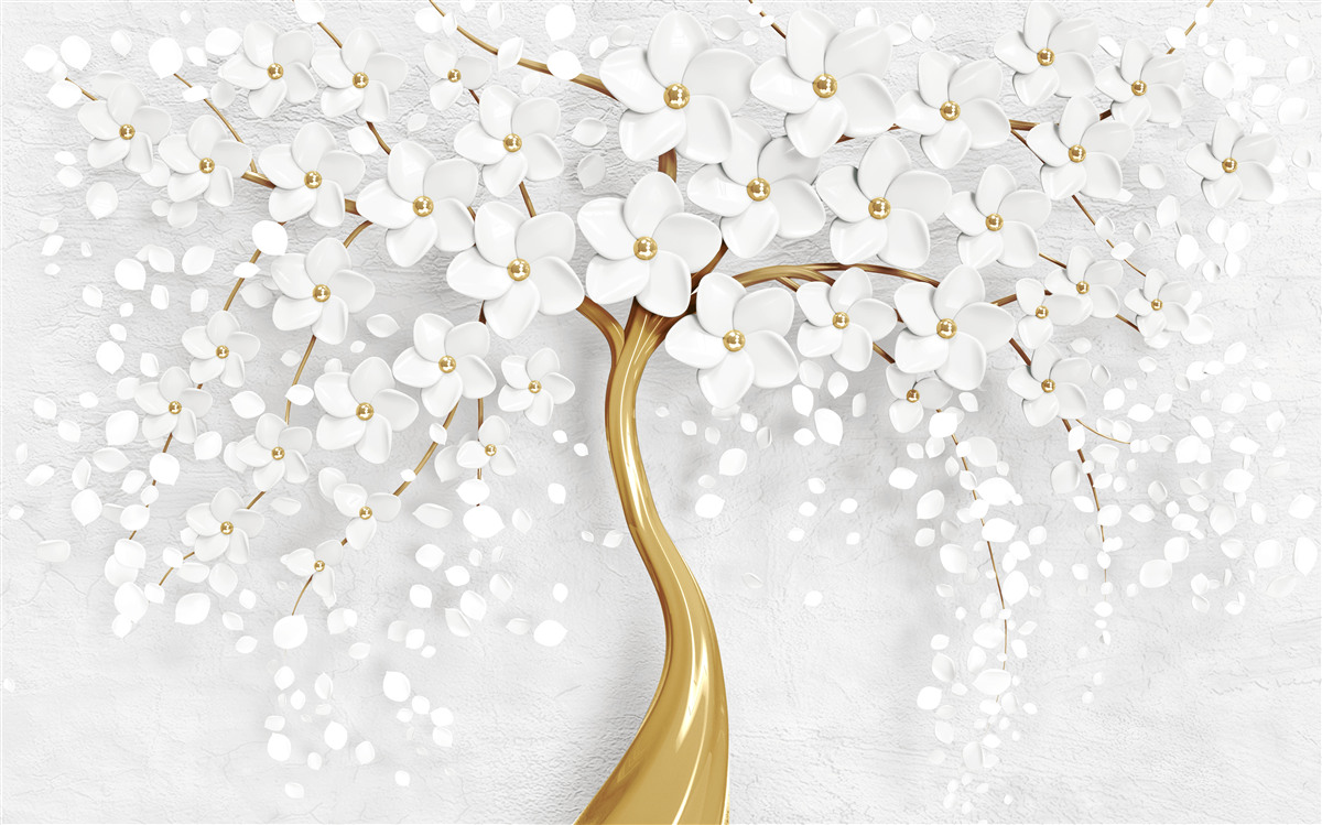 Papier peint arbre à fleurs blanches avec petites fleurs