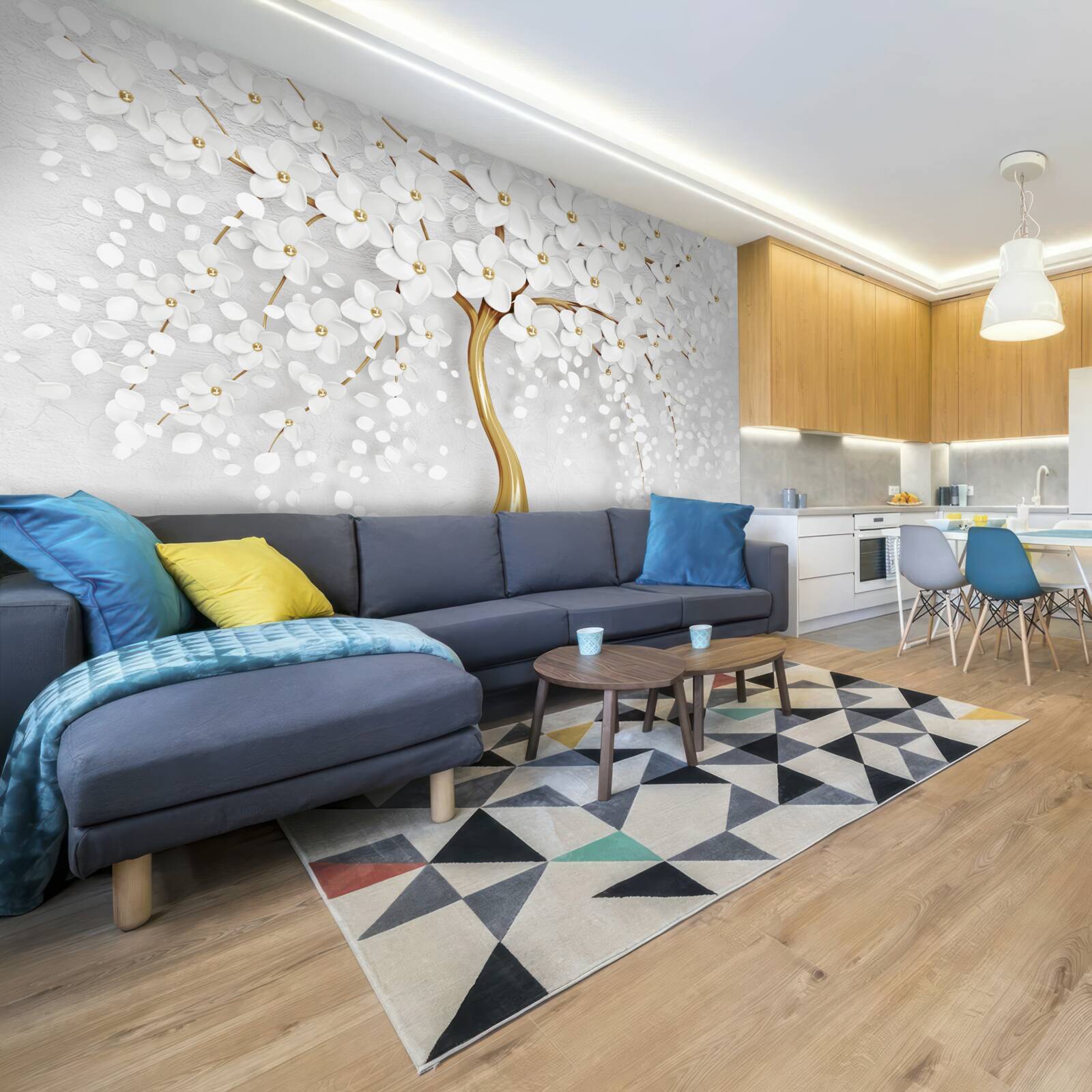 Papier peint arbre à fleurs blanches avec petites fleurs