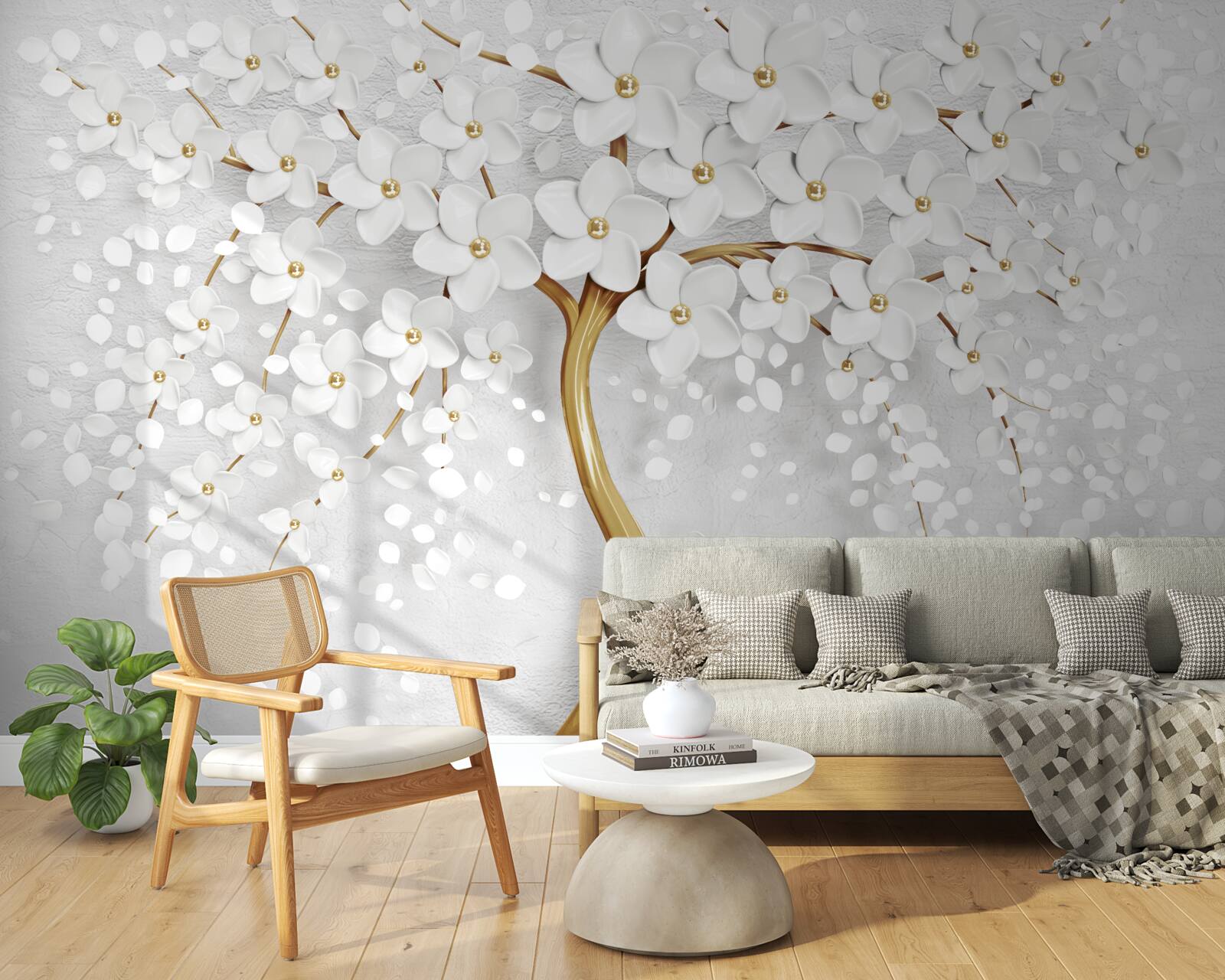 Papier peint arbre à fleurs blanches avec petites fleurs