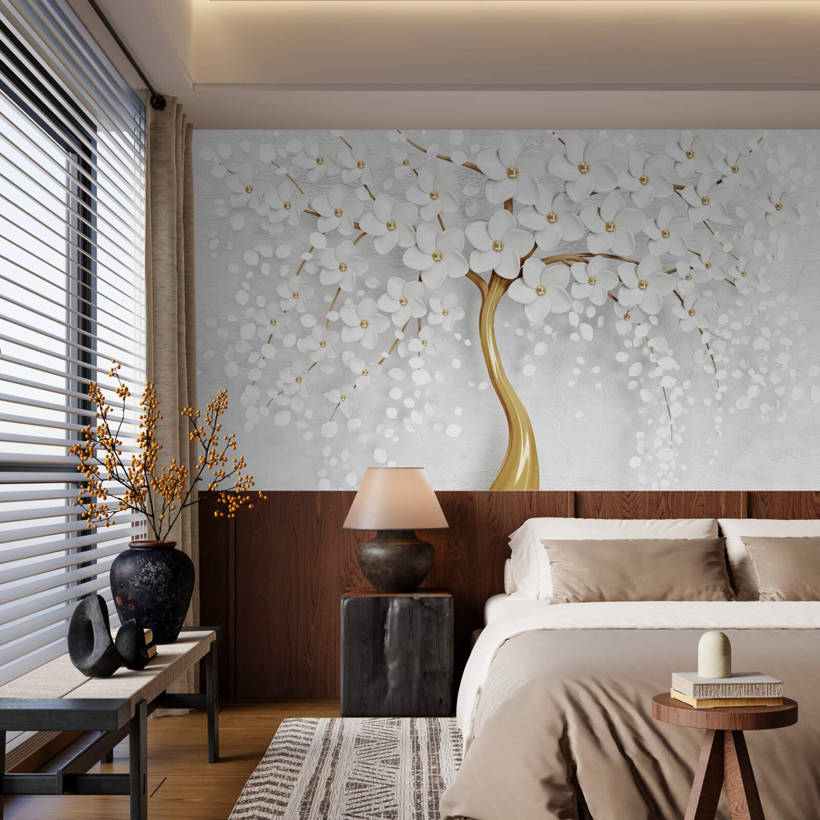 Papier peint arbre à fleurs blanches avec petites fleurs