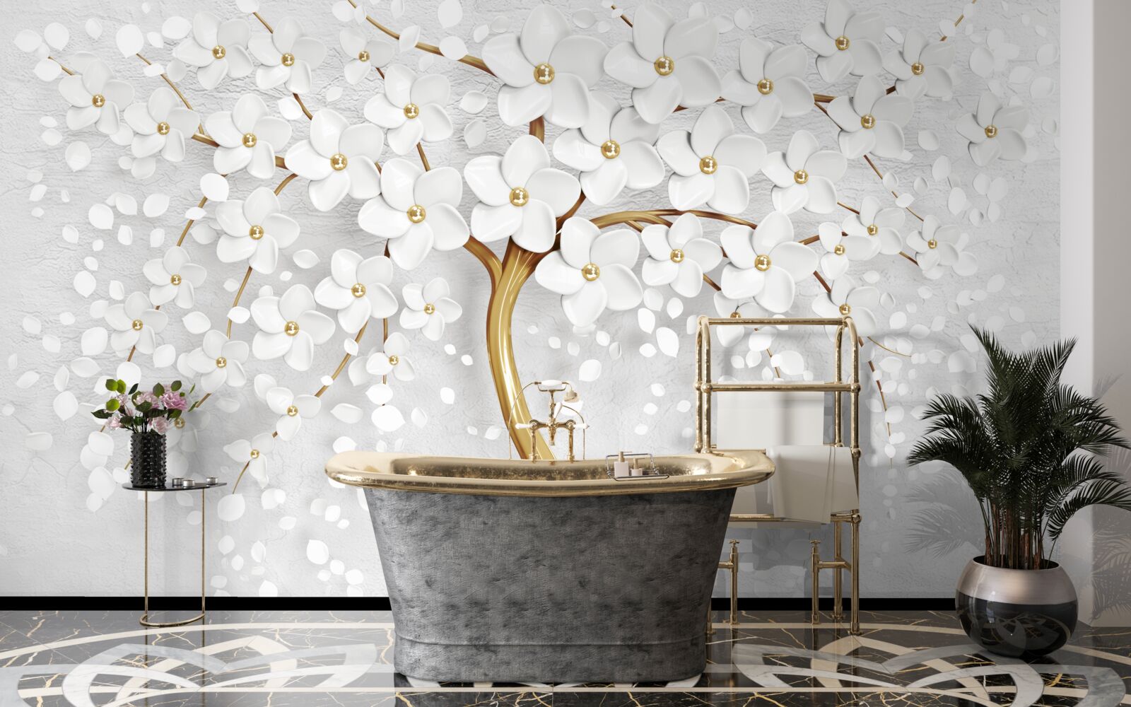 Papier peint arbre à fleurs blanches avec petites fleurs