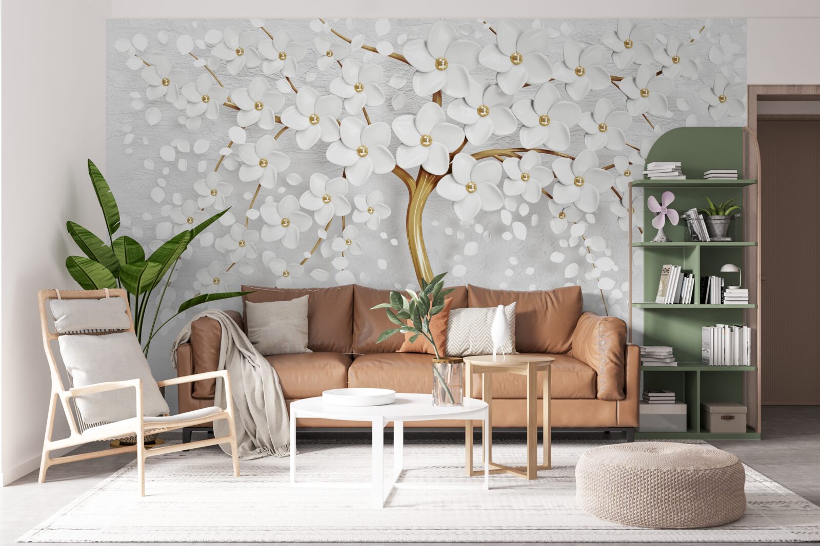 Papier peint arbre à fleurs blanches avec petites fleurs