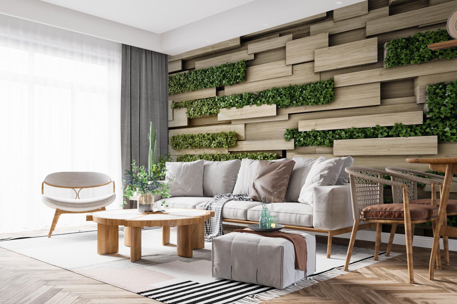 Papier peint mur en pierre décoré de plantes vertes