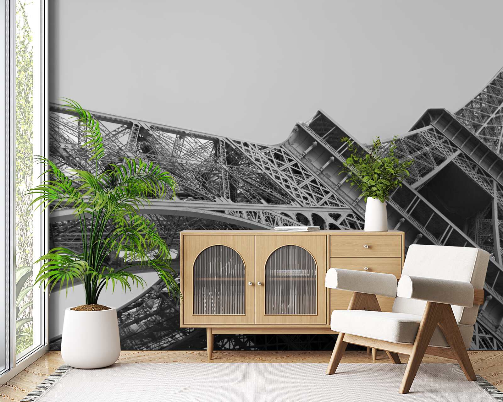 Papier peint vue en noir et blanc de la tour eiffel vue de dessous