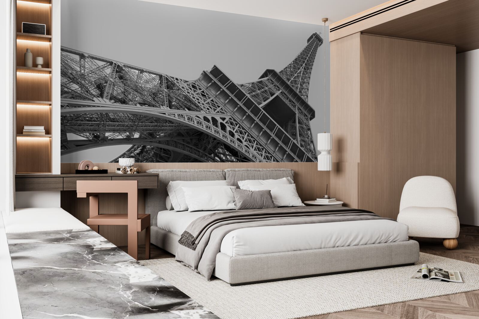 Papier peint vue en noir et blanc de la tour eiffel vue de dessous