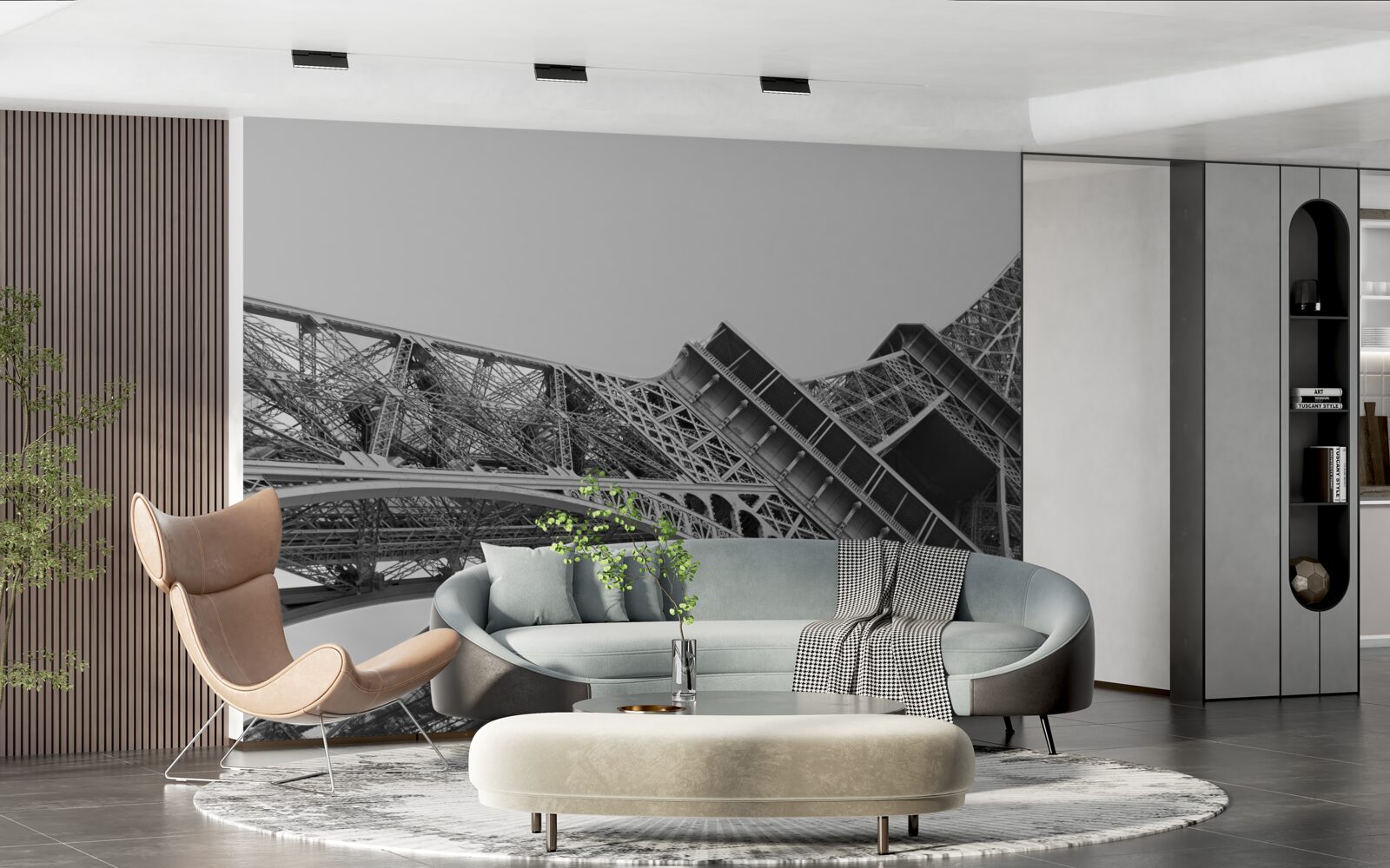 Papier peint vue en noir et blanc de la tour eiffel vue de dessous