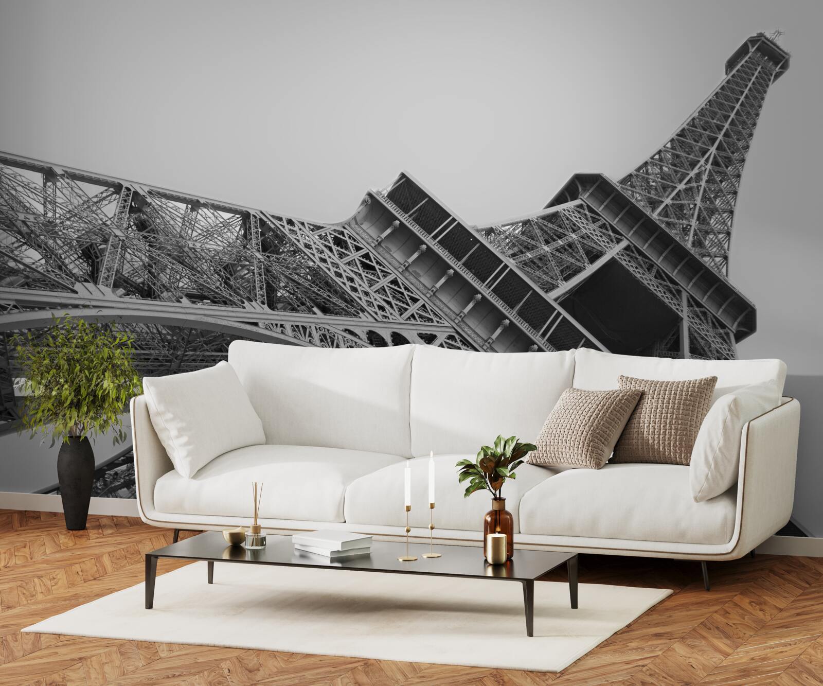 Papier peint vue en noir et blanc de la tour eiffel vue de dessous