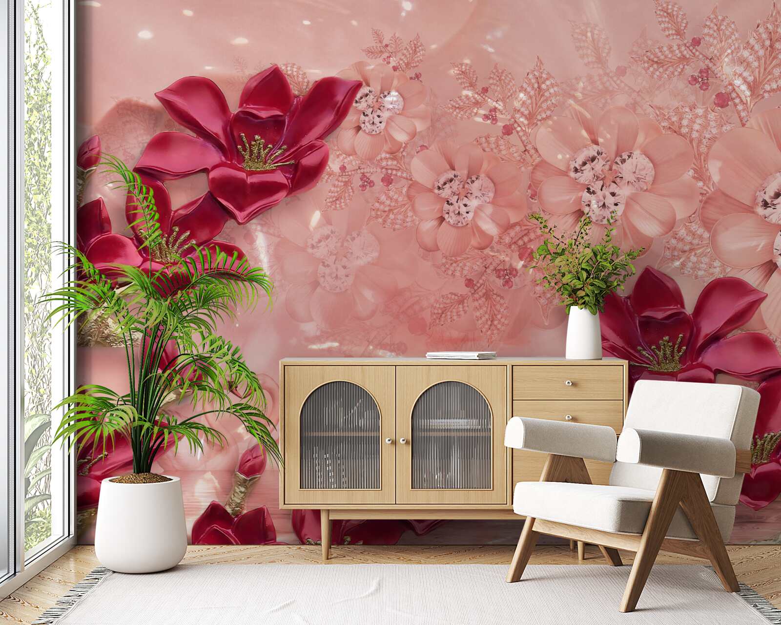 Papier peint les couleurs sont rouges sur soie rose