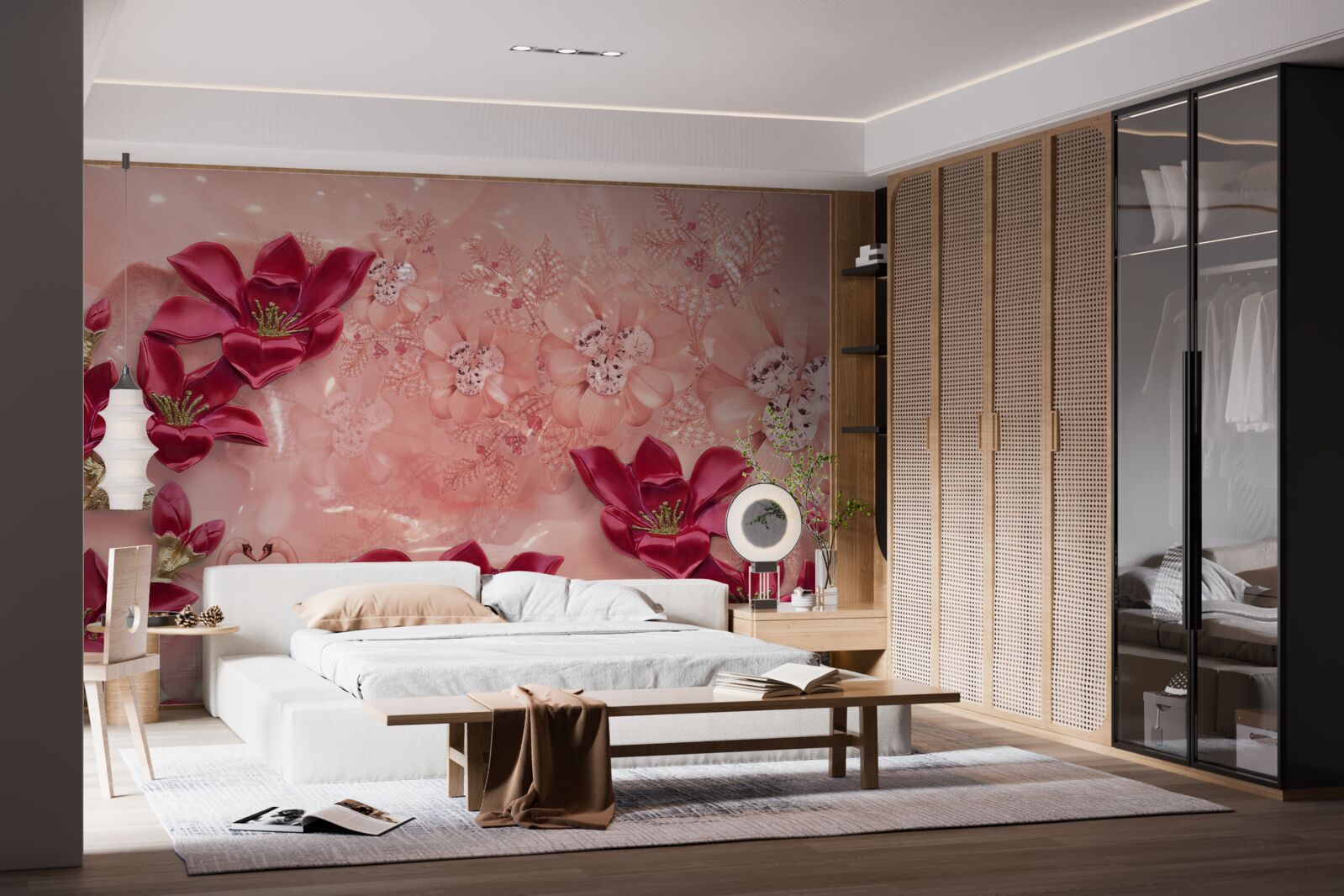 Papier peint les couleurs sont rouges sur soie rose