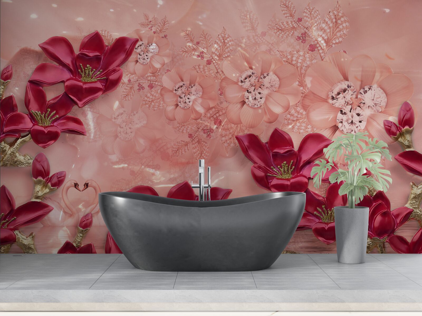 Papier peint les couleurs sont rouges sur soie rose