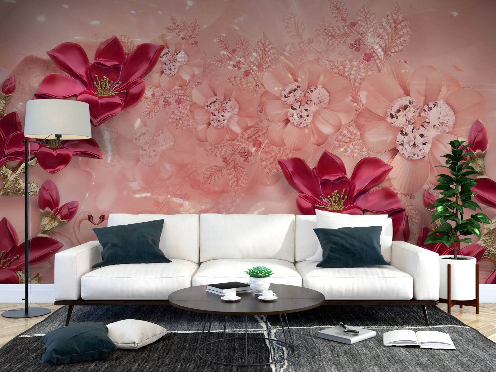 Papier peint les couleurs sont rouges sur soie rose