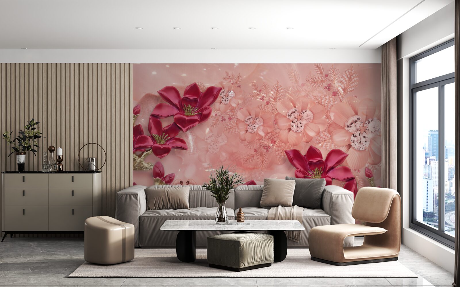 Papier peint les couleurs sont rouges sur soie rose