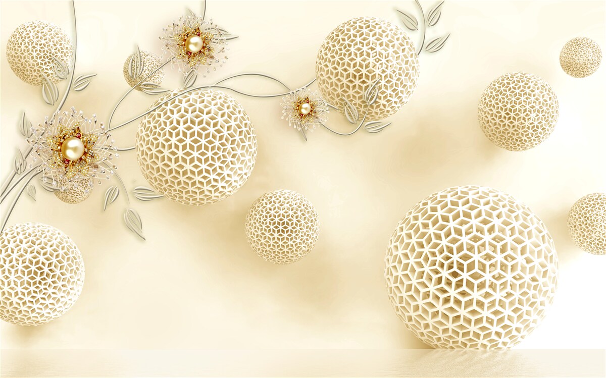 Papier peint boules de texture flottant dans l'air et fleurs blanches