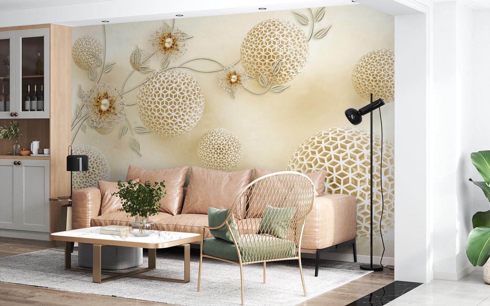 Papier peint boules de texture flottant dans l'air et fleurs blanches